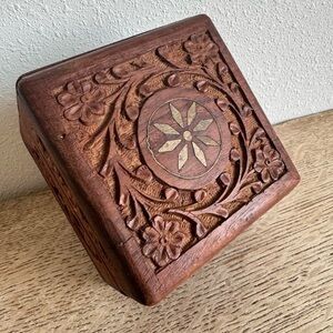 Hand Carved Floral Wooden Trinket Box, Brass Inlay & Fabric Lined